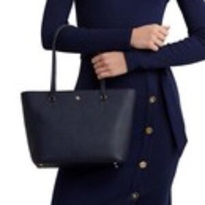 Ralph Lauren Medium Karly Shopper Tote Bag Crosshatch Leather Navy/Gold NWT